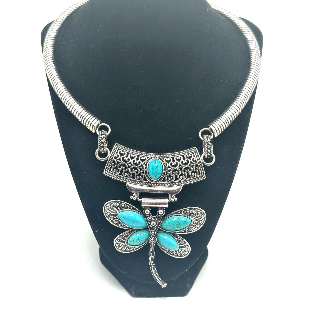 New Omega Bib/Collar Necklace Silver T. & Aqua Blue STUNNING Dragonfly STATEMENT
